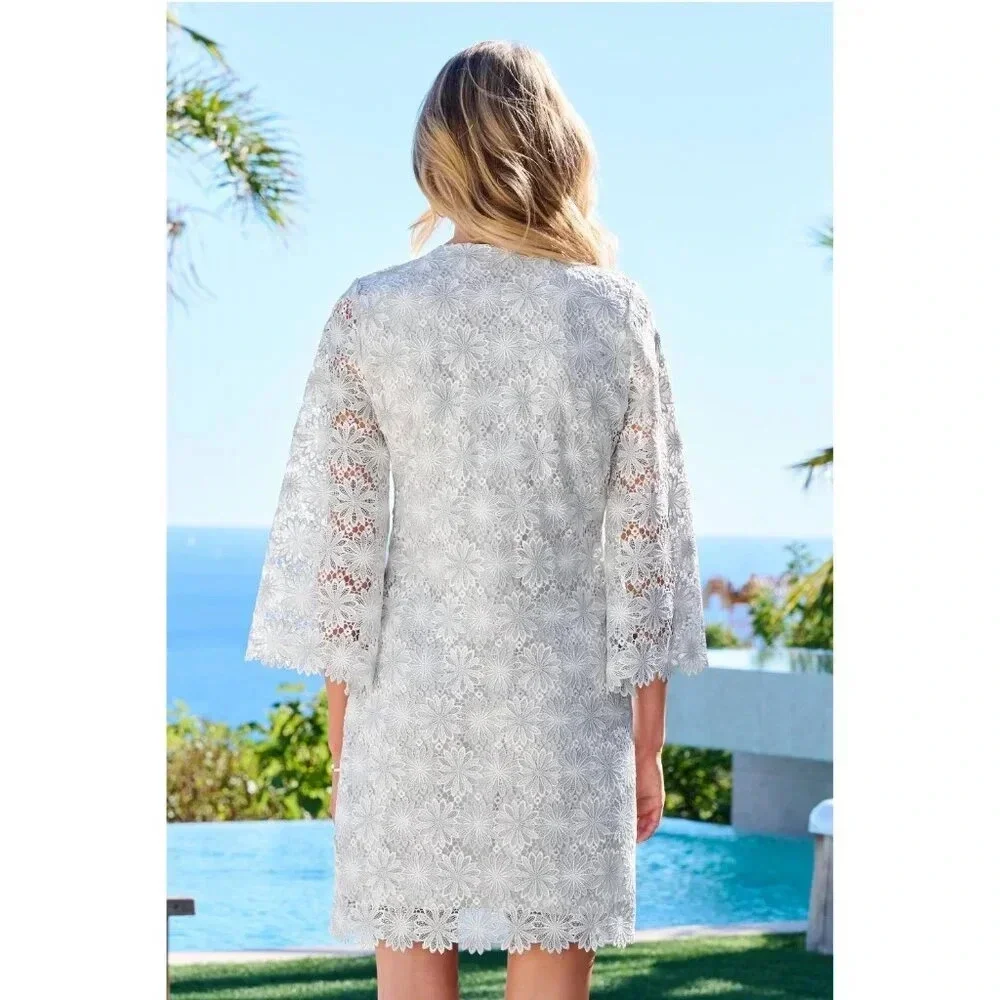Boston Proper Embellished Metallic Floral Lace Tunic Dress White/Silver Size XS - Picture 2 of 16